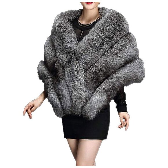 Women's Luxury Party Faux Fox Fur Long Shawl , A-dark Grey - Picture 3 of 5